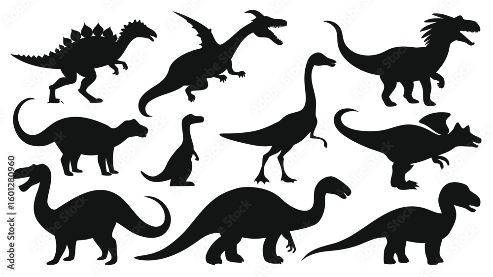 Obraz premium Collection of ten dinosaur silhouettes isolated on white background