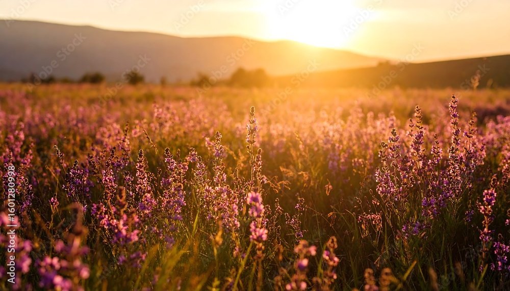Fototapeta premium Sunset over a vibrant flower field