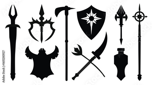 Collection of ten fantasy weapon silhouettes isolated on white background