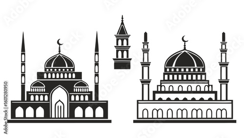 Collection of  mosques with domes and minarets in silhouette