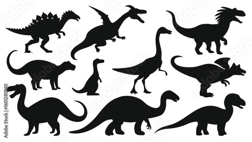 Collection of ten dinosaur silhouettes isolated on white background