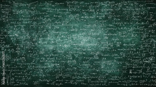 Dense math equations cover a dark teal chalkboard