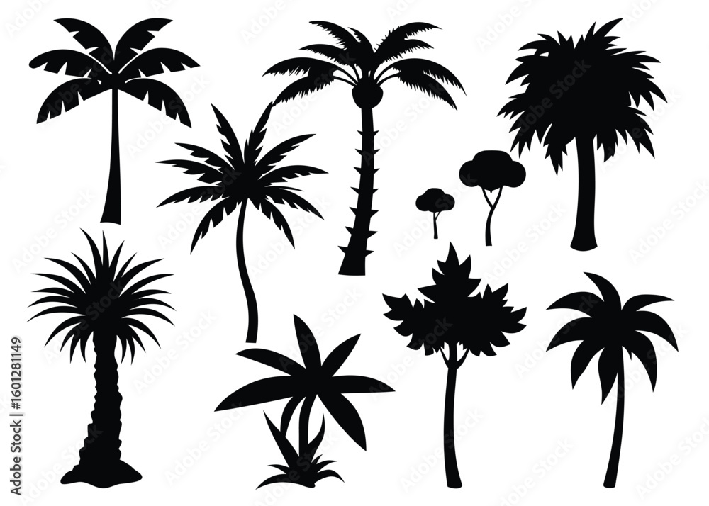 Fototapeta premium Collection of 10 tropical tree silhouettes isolated on white background
