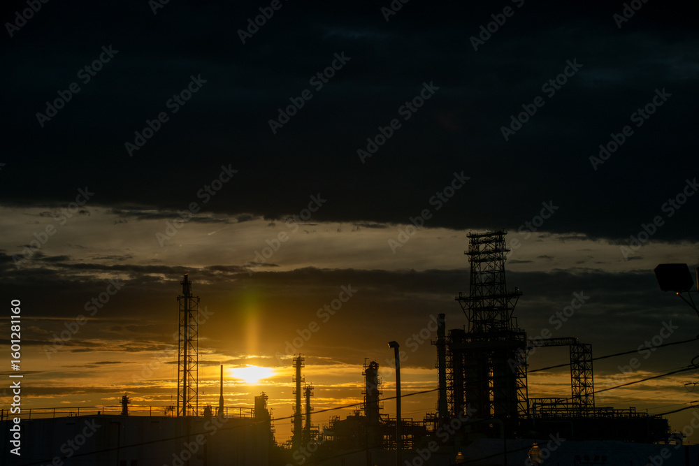 Fototapeta premium Sunset silhouettes at oil refinery Detroit Michigan 