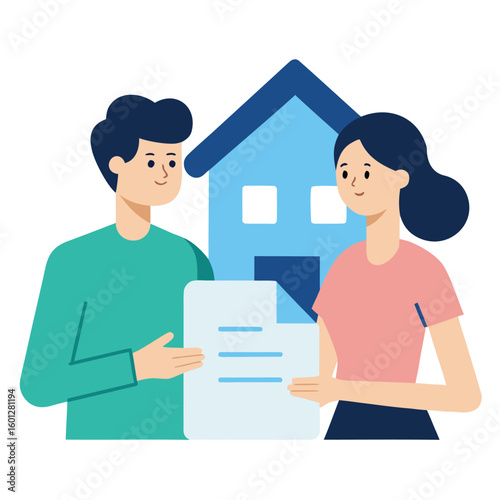 Couple discussing mortgage loan documents at home isolated on white background