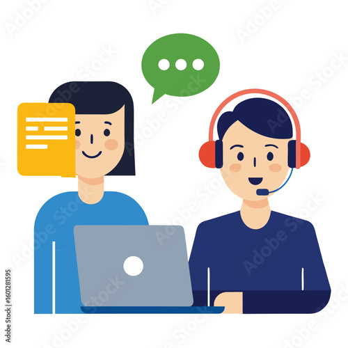 Customer support representative helping buyer with headset isolated on white background