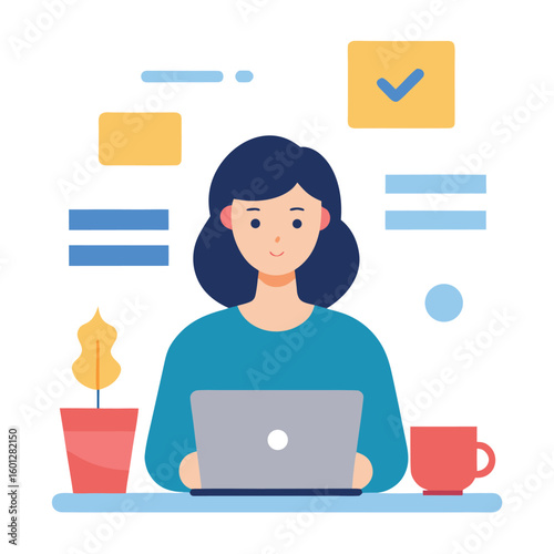 Female student attending an online class on a laptop isolated on white background
