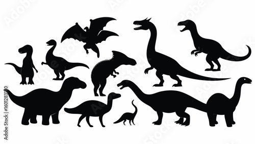 Collection of dinosaur silhouettes including t rex and triceratops isolated on white background