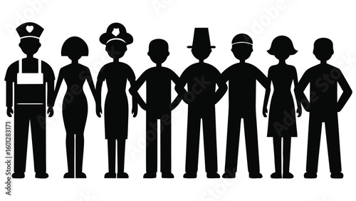 Collection of diverse human silhouettes representing different occupations isolated on white background