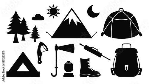 Collection of camping silhouette elements isolated on white background