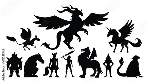 Collection of mythical creature silhouettes isolated on white background