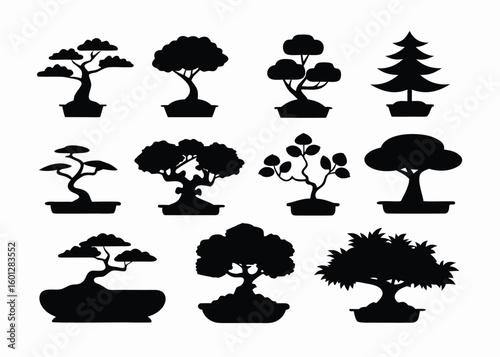 Collection of ten stylized bonsai tree silhouettes isolated on white background