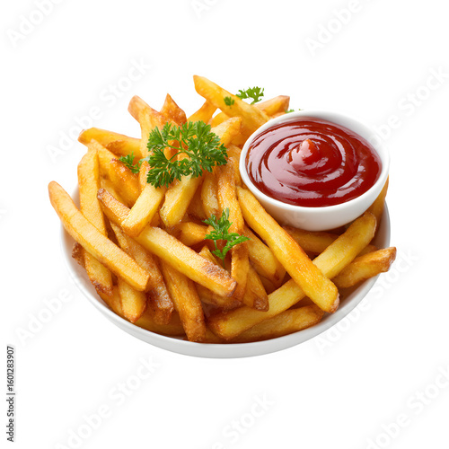 Crispy golden french fries served in a white bowl with a side of ketchup and parsley garnish isolated on transparent background
