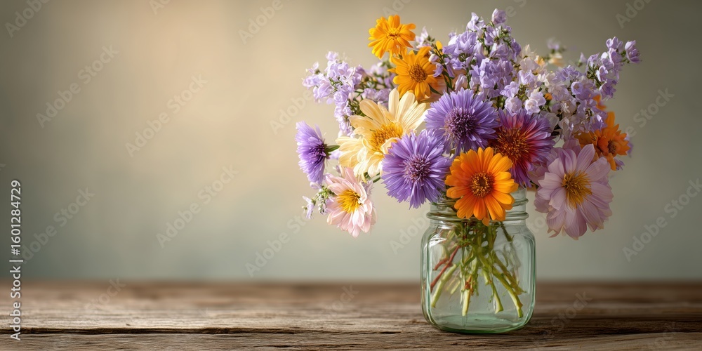 custom made wallpaper toronto digitalA handpicked bouquet of vibrant wildflowers in shades of purple, yellow, and white, elegantly displayed in a clear glass jar on a wooden surface, against a soft, neutral background.

