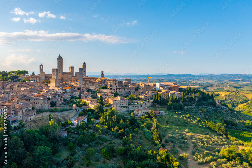 Fototapeta premium Aerial view, San Gimignano, UNESCO World Heritage Site, Siena, Tuscany, Italy, 