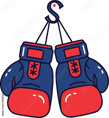 Boxing gloves vector illustration hanging on hook for sport training and fitness concept