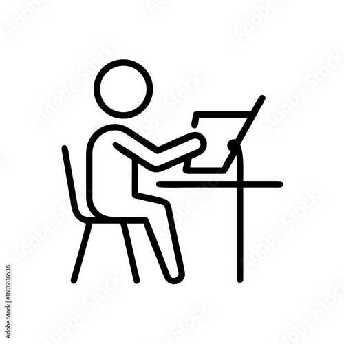 Engineer working at drafting table with focused expression in minimalist style