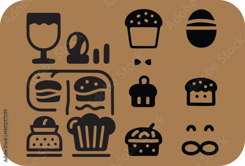 A delightful collection of stylized food and drink icons including burgers cupcakes a drink and a salt shaker on a brown background