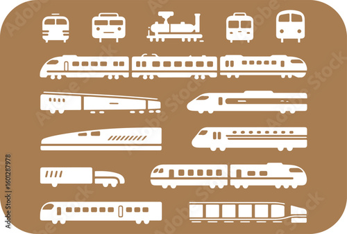 Collection of diverse stylized train illustrations showcasing various types of locomotives and passenger cars against a warm brown background