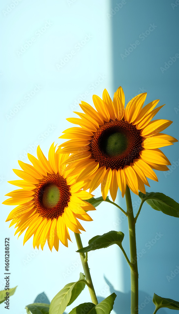 Obraz premium Two sunflowers in the sunny ambience. Light blue background with shadow, grunge. White tone