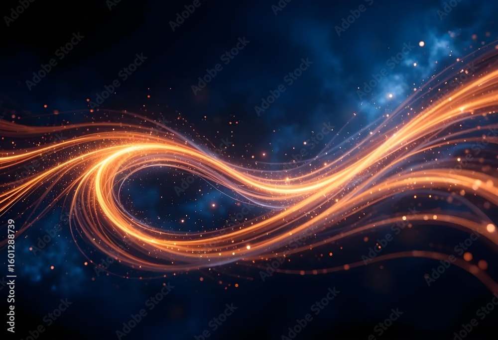 Fototapeta premium Spiral of light and dark blue with orange streaks. The light and dark blue swirls are almost like a galaxy.Vibrant orange light waves in a cosmic swirl, perfect for futuristic sites.