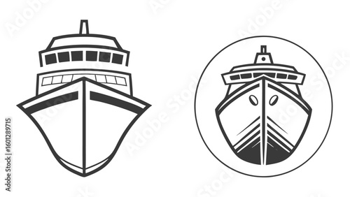 Two stylized front views of a cruise ship one in an oval frame