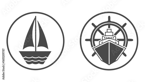 Two oval emblems one with a sailboat and the other with a ship and helm