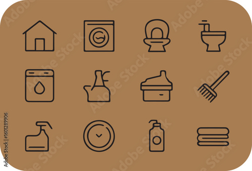 A collection of simple line art icons representing various household cleaning and maintenance tasks and appliances on a brown background