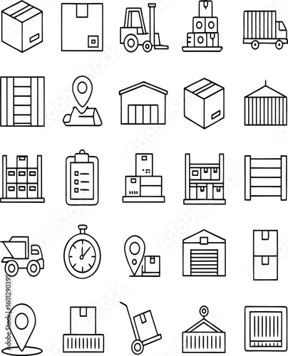 Collection of hand drawn sketch icons representing logistics shipping warehousing and delivery services isolated on transparent background