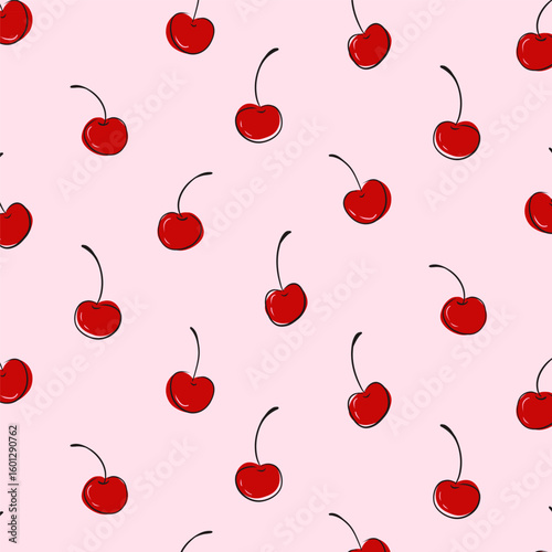 Red cherry coquette seamless pattern. Trendy print with cherries, fruits summer background for wrapping paper, textile, wallpaper. Vector texture
