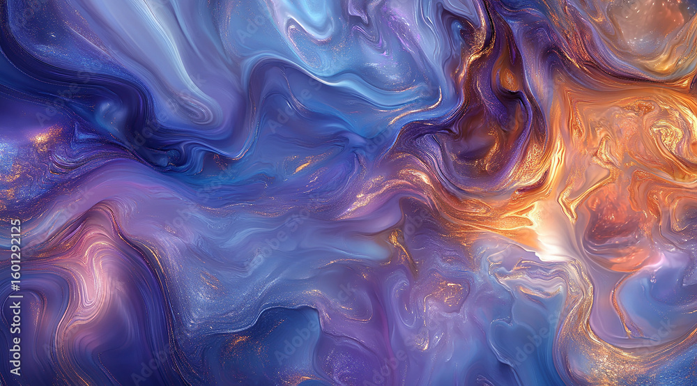 Fototapeta premium Mesmerizing abstract fluid art with swirling purple blue and golden orange colors creating a cosmic nebula effect