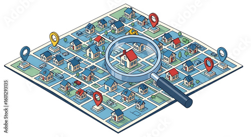 City map with navigation pins, symbolizing urban navigation and route planning.