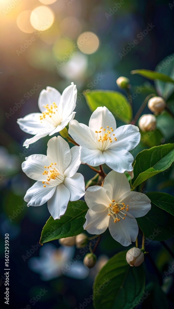 Obraz premium Elegant white jasmine blossoms bathed in the warm sunlight create a serene display