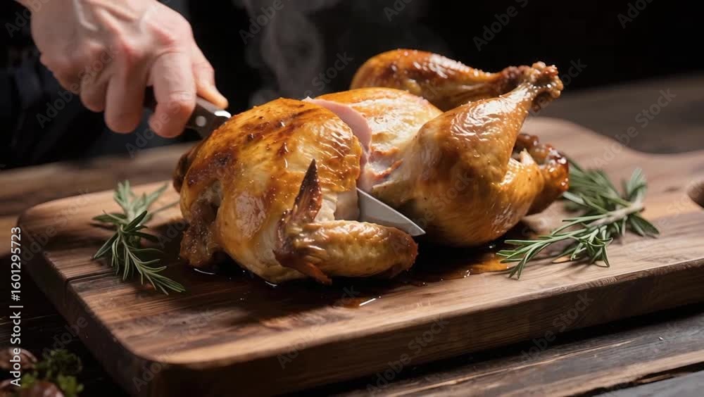 Un primer plano cinematográfico hiperrealista de un rico pollo asado, con una piel dorada y crujiente 