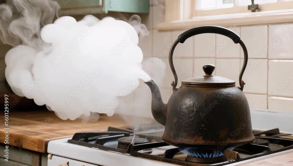 Un primer plano una tetera antigua de hierro fundido, hirviendo vigorosamente sobre una estufa en una cocina rústica