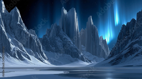 Majestic icy mountain landscape illuminated by auroras, showcasing sharp peaks and reflective frozen lake, creating a serene and otherworldly atmosphere in a digital art style