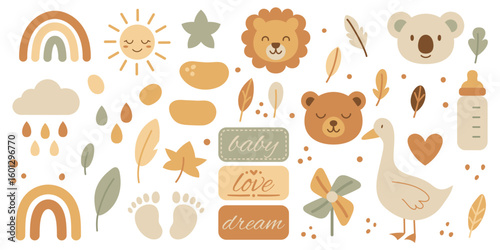 Cute boho baby animals and nursery elements with lion rainbow and pacifier in pastel tones