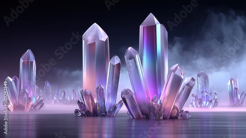Vibrant crystals with sharp edges and reflective surfaces are arranged in a mystical landscape, surrounded by soft mist, creating an enchanting atmosphere of beauty and wonder