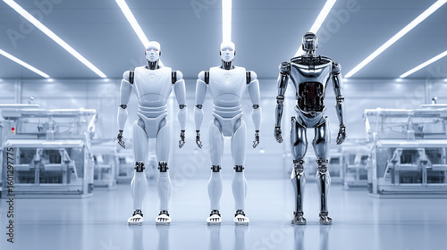 Three humanoid robots, two in white and one in metallic finish, stand in a futuristic laboratory with bright lighting, showcasing advancements in artificial intelligence and robotics technology