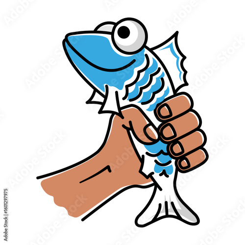 A hand firmly grasps a blue fish with distinct stripes and bulging eyes, showcasing a successful catch at a vibrant local market during the day