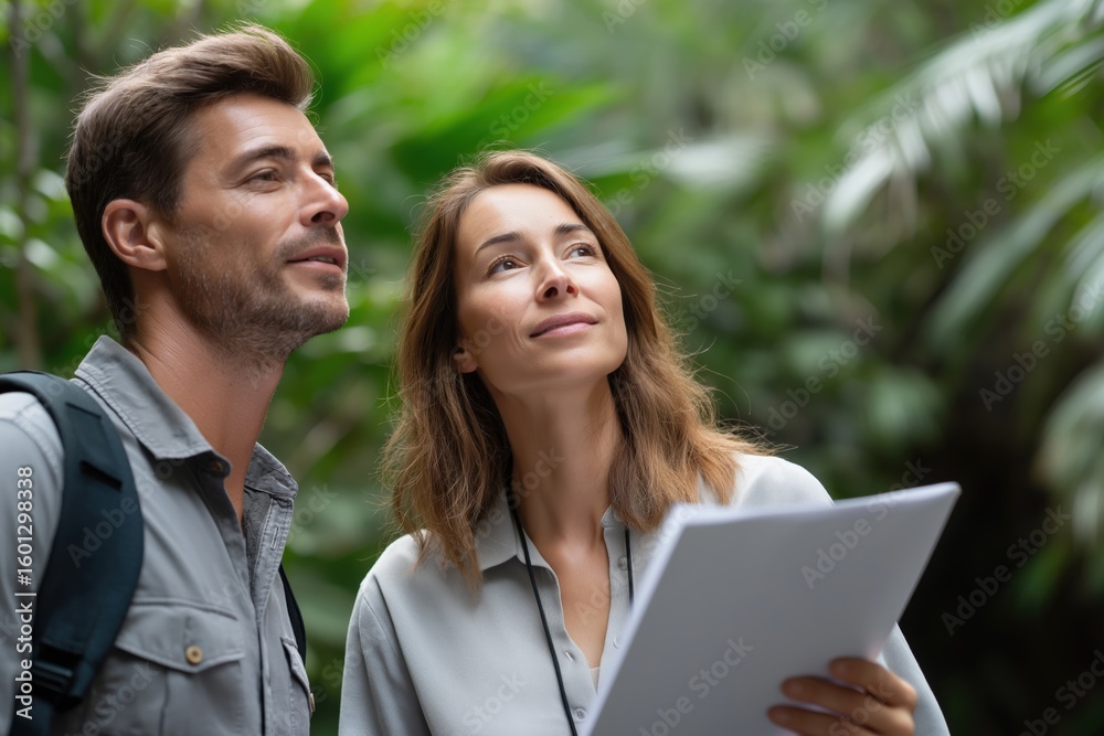 Young caucasian adults exploring nature with map in lush green forest Young caucasian adults exploring nature with map in lush green forest