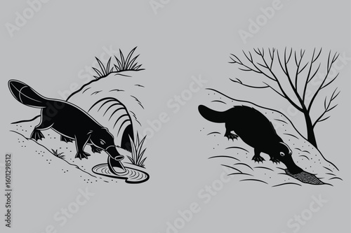Platypus Digging Tunnel in Riverbank Silhouette vector design art and illustration