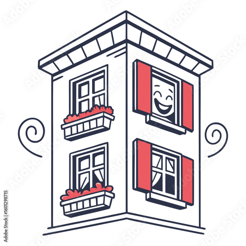 Joyful Residence Sketch: An expressive, illustrative representation of a building, where a smiling face appears within a window, symbolizing the warmth and happiness found inside a residence.