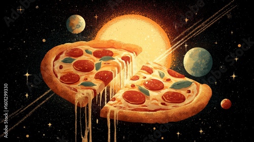 Cosmic pizza adventure unfolds in a galaxy filled with vibrant planets and a glowing sun