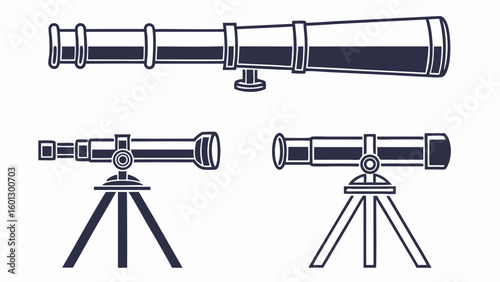 Three silhouette telescopes on tripod stands against a white background
