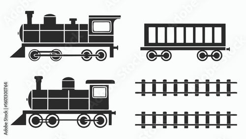 Vintage steam train silhouette with cargo car and railroad tracks
