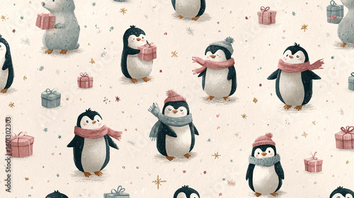 Watercolor Penguin and Gift Box Pattern For Winter Holiday Season