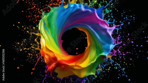 A swirling vibrant spectrum of paint, bursting outwards on black