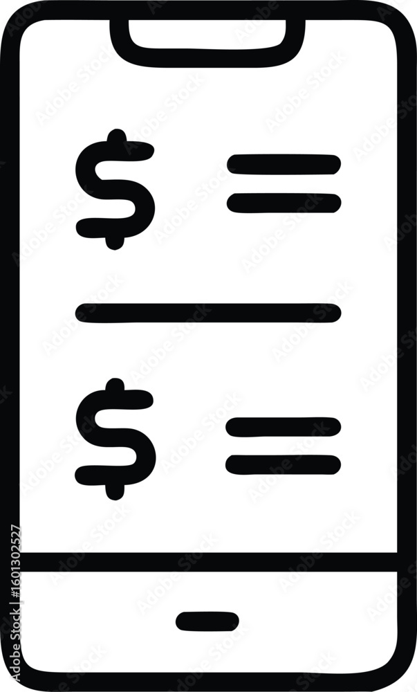 Black outline of smartphone displaying dollar signs and lines mobile screen Black outline of smartphone displaying dollar signs and lines mobile screen