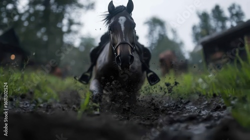 Horse Galloping Through Muddy Field